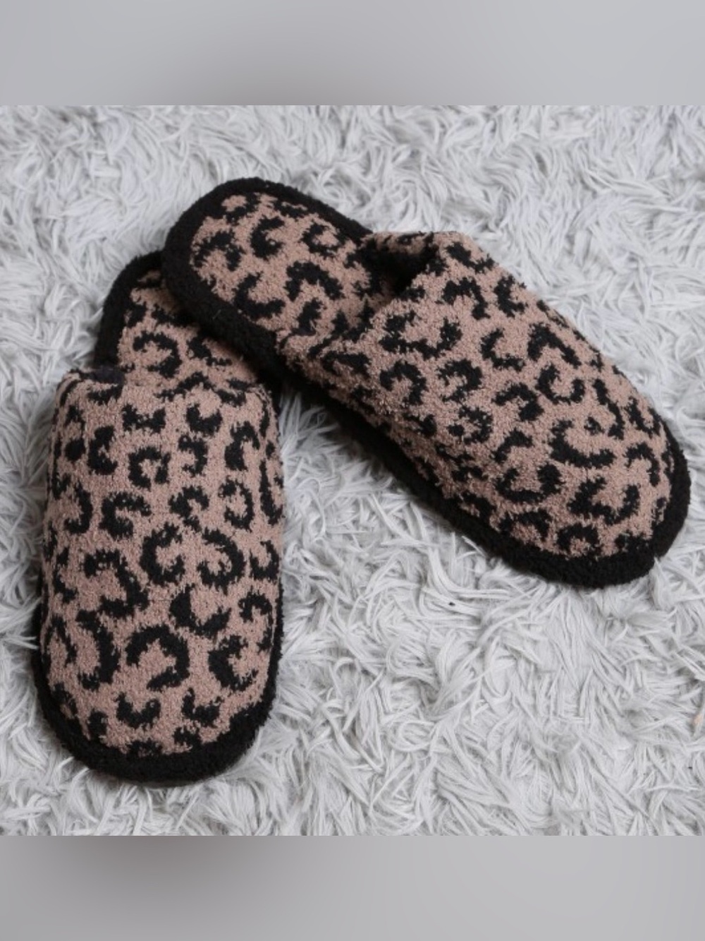 NWOT Women's ComfyLuxe Leopard Print Cozy Fuzzy Slippers - Black & Taupe Sz 6-8